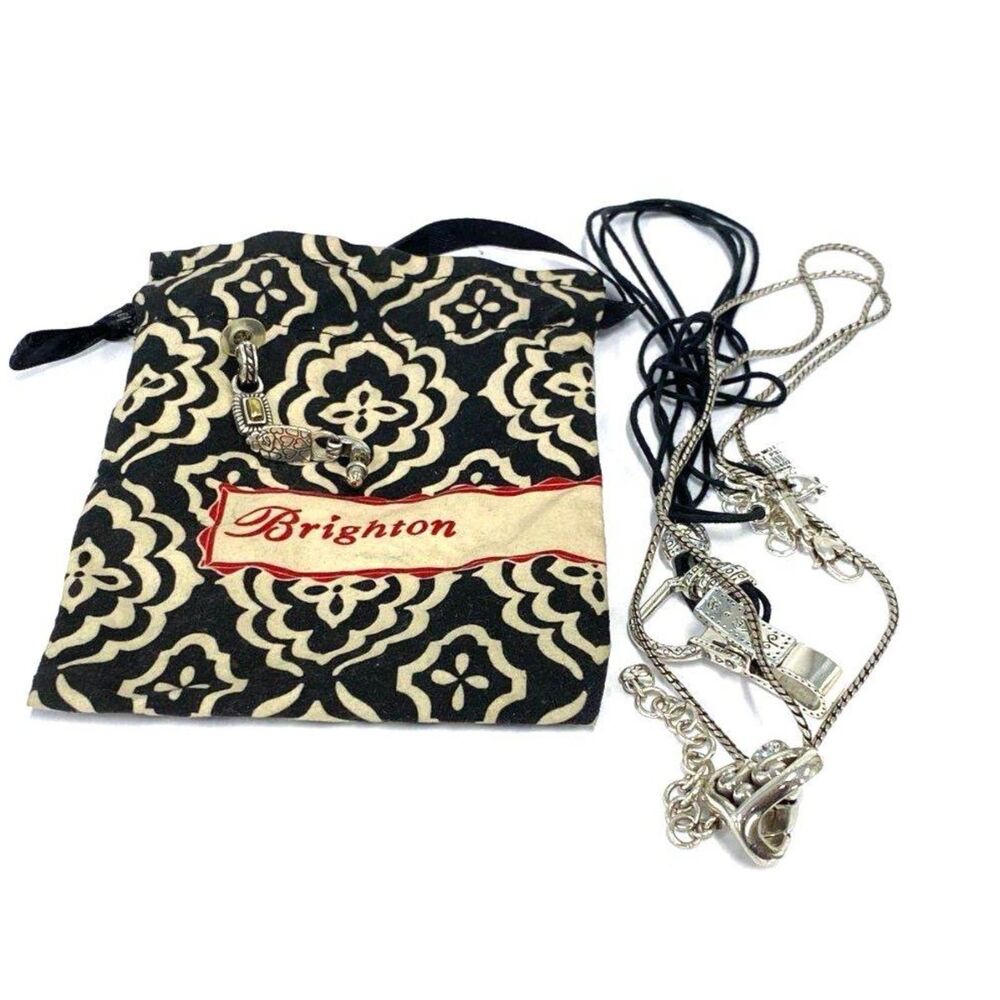 Brighton Silver Jewelry Lot 2 Necklaces 1 Pr Earrings Scroll Contempo & Pouch